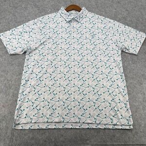 American Fit Mens Golf Tee Print Polo Shirt XL White Teal Short Sleeve Stretch